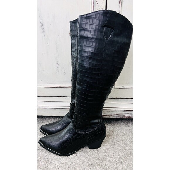 AMS Black Reptile Skin Vegan Leather Tall Knee High Riding Boots - Size 8 - Picture 2 of 10
